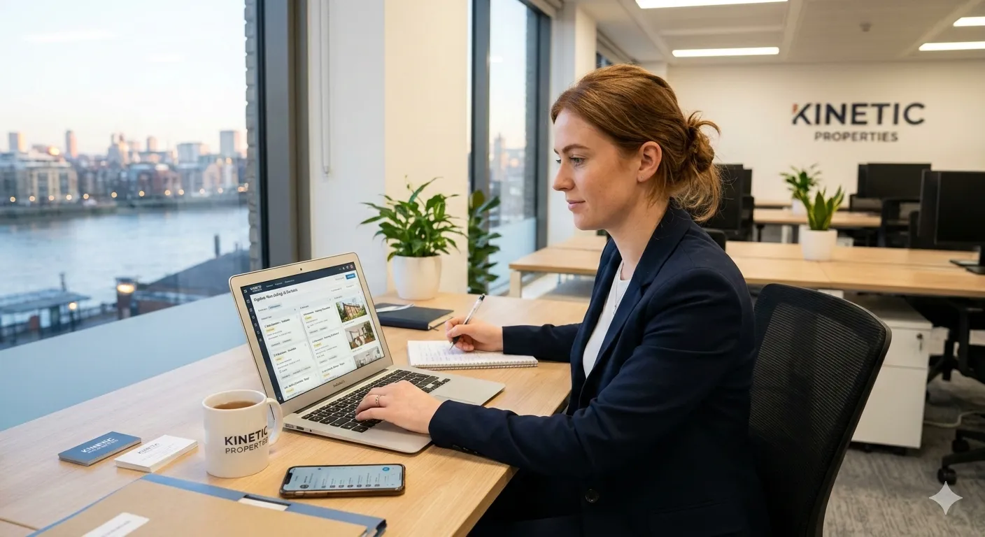 A new estate agent reviewing their first pipeline of properties and contacts on a laptop, modern bright office, early morning
