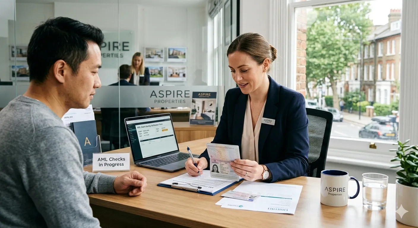 Estate agent at a desk going through identity verification documents during an AML client check, neat desk, natural window light