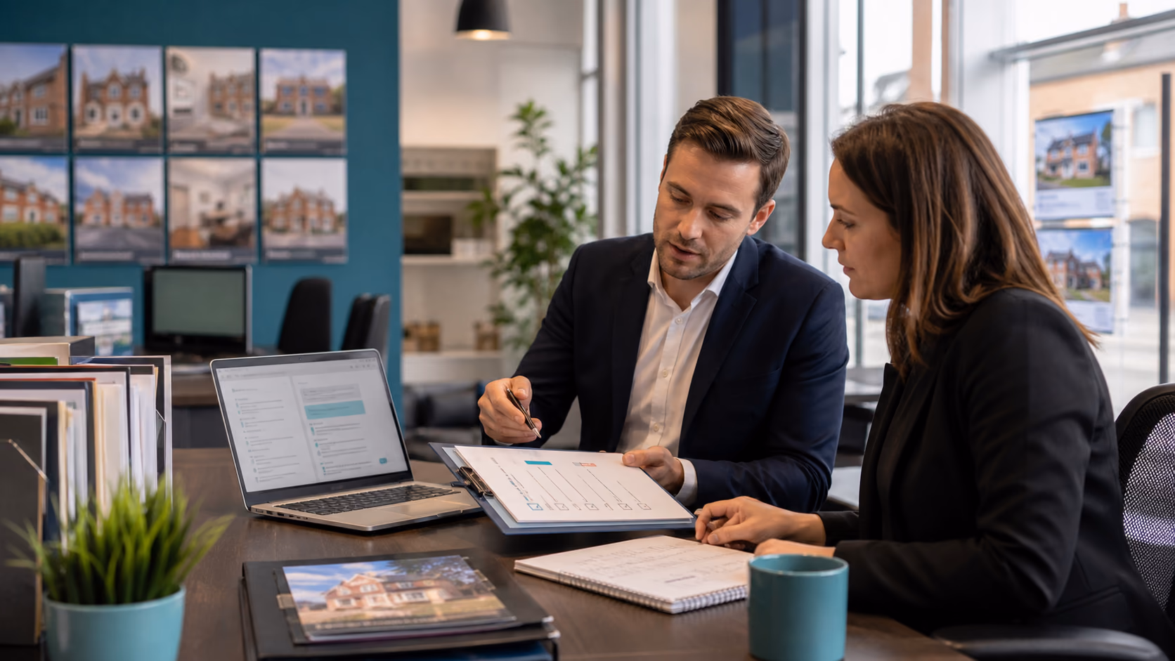 A real estate branch manager and negotiator reviewing an AI-assisted client message beside property notes, viewing feedback, and a marked-up checklist in a modern office