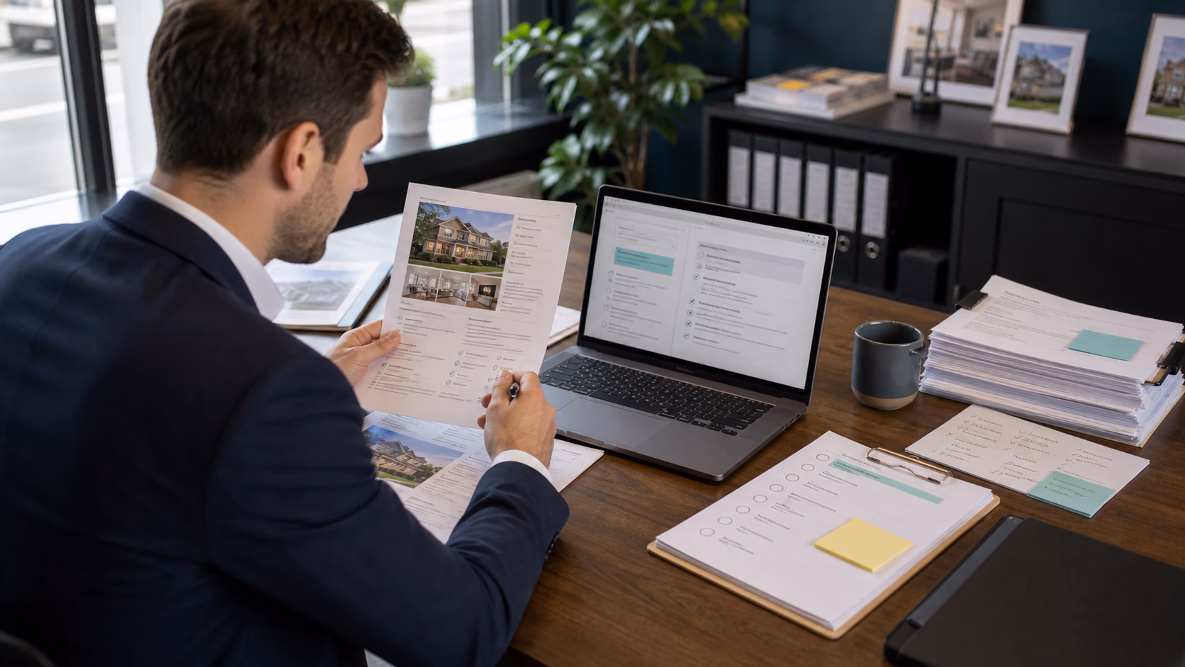 An estate agent checking a drafted property update against a listing record with photos, documents, vendor approval notes, and viewing feedback before sending it