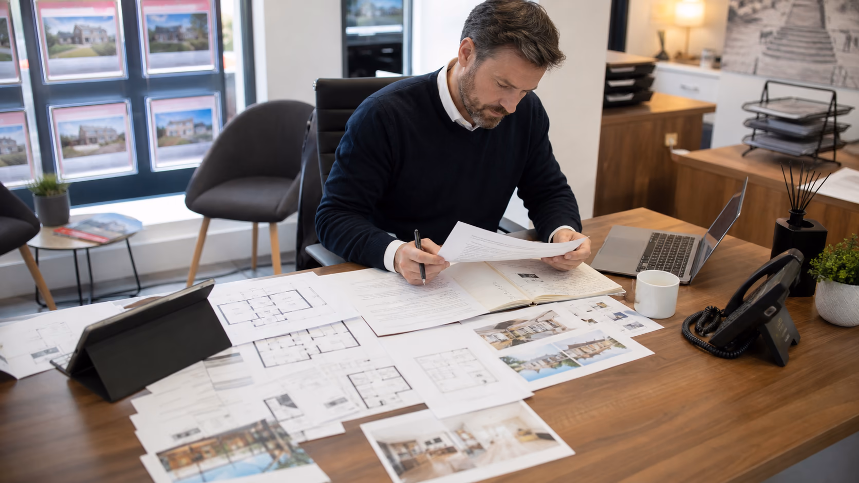 A branch manager reviewing several property description drafts beside printed floorplans, inspection notes, and property photos on a desk