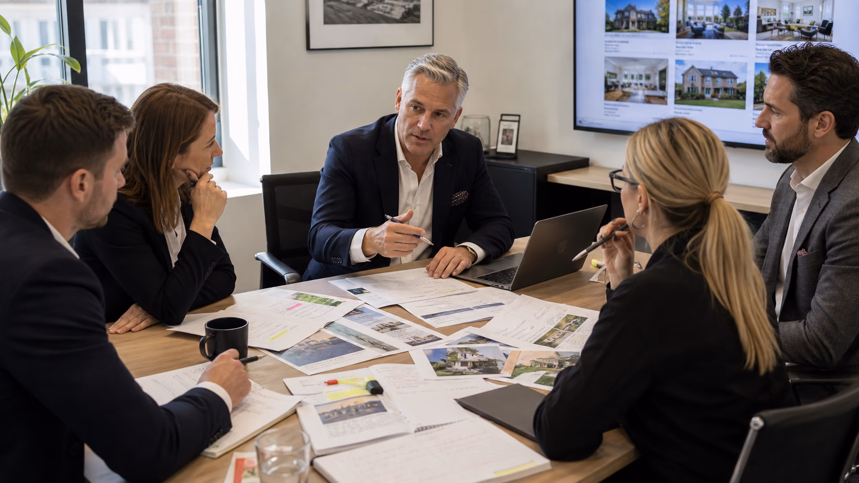 A senior estate agent leading a short team review of property marketing copy with printed listings and marked-up notes on a conference table