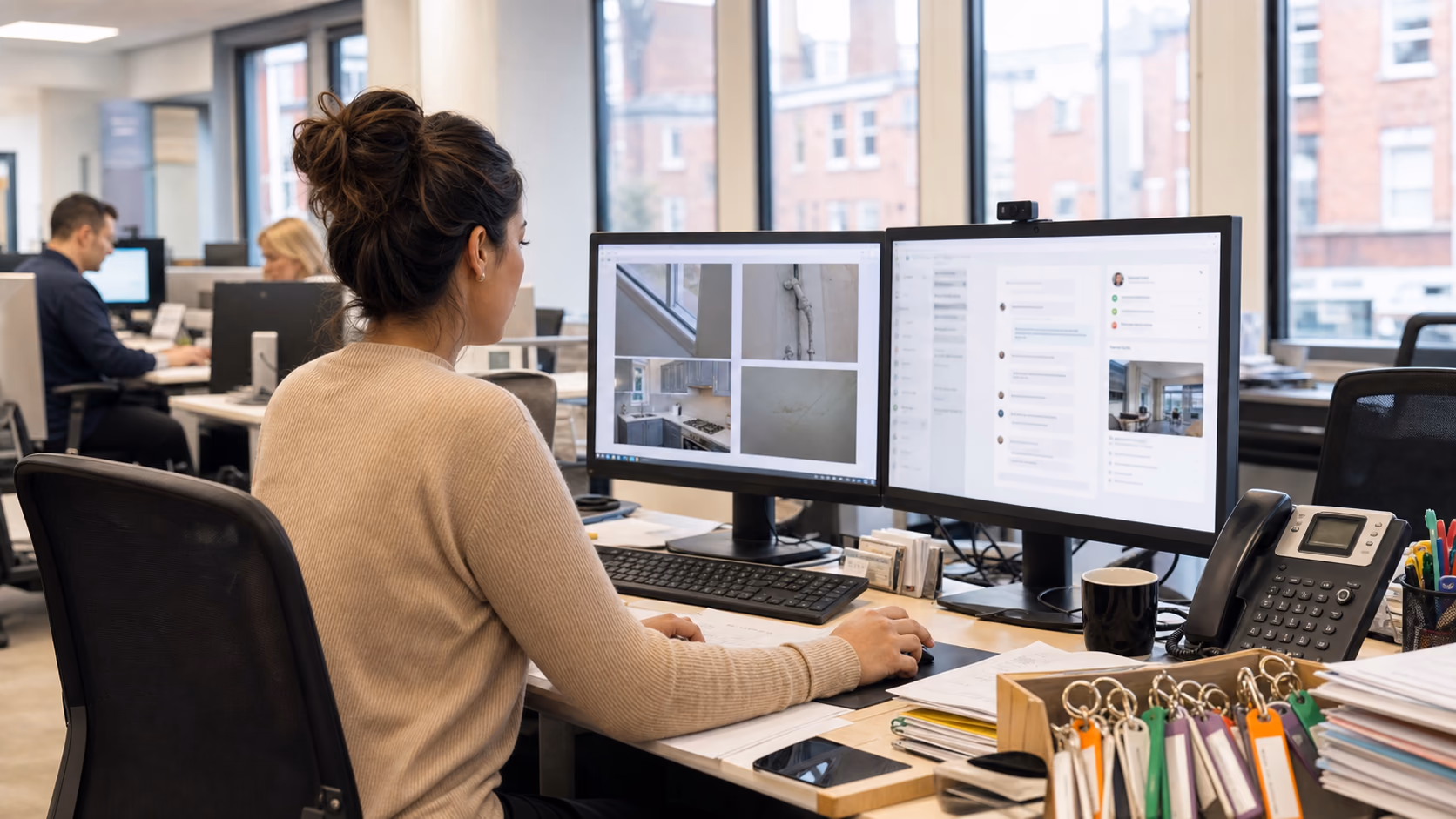 A property manager reviewing maintenance photos, tenant messages, and landlord notes across two monitors in a busy lettings office