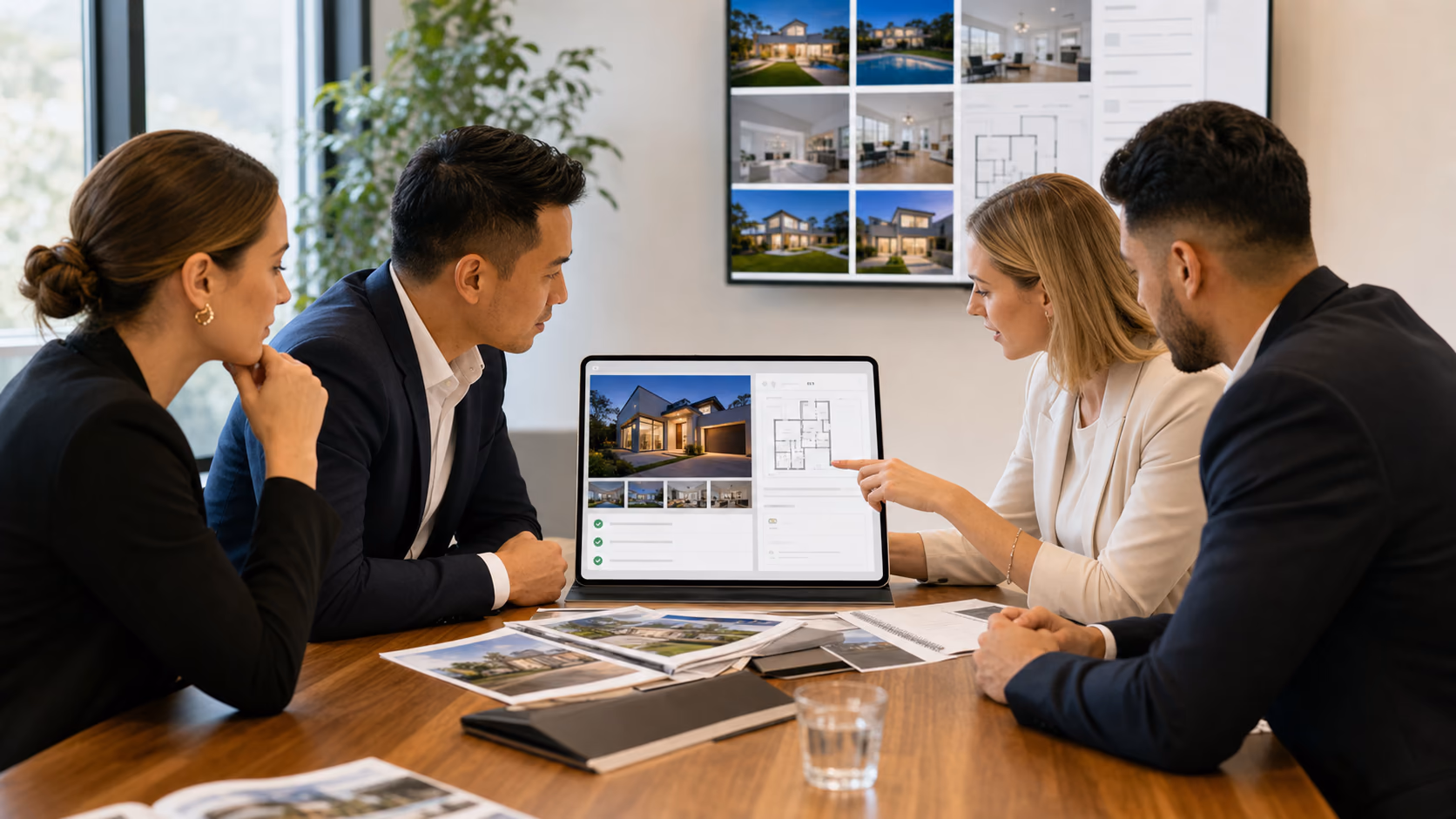 An Australian real estate team reviewing one shared listing record with property details, photo order, floorplan, vendor approval, and portal notes before publication