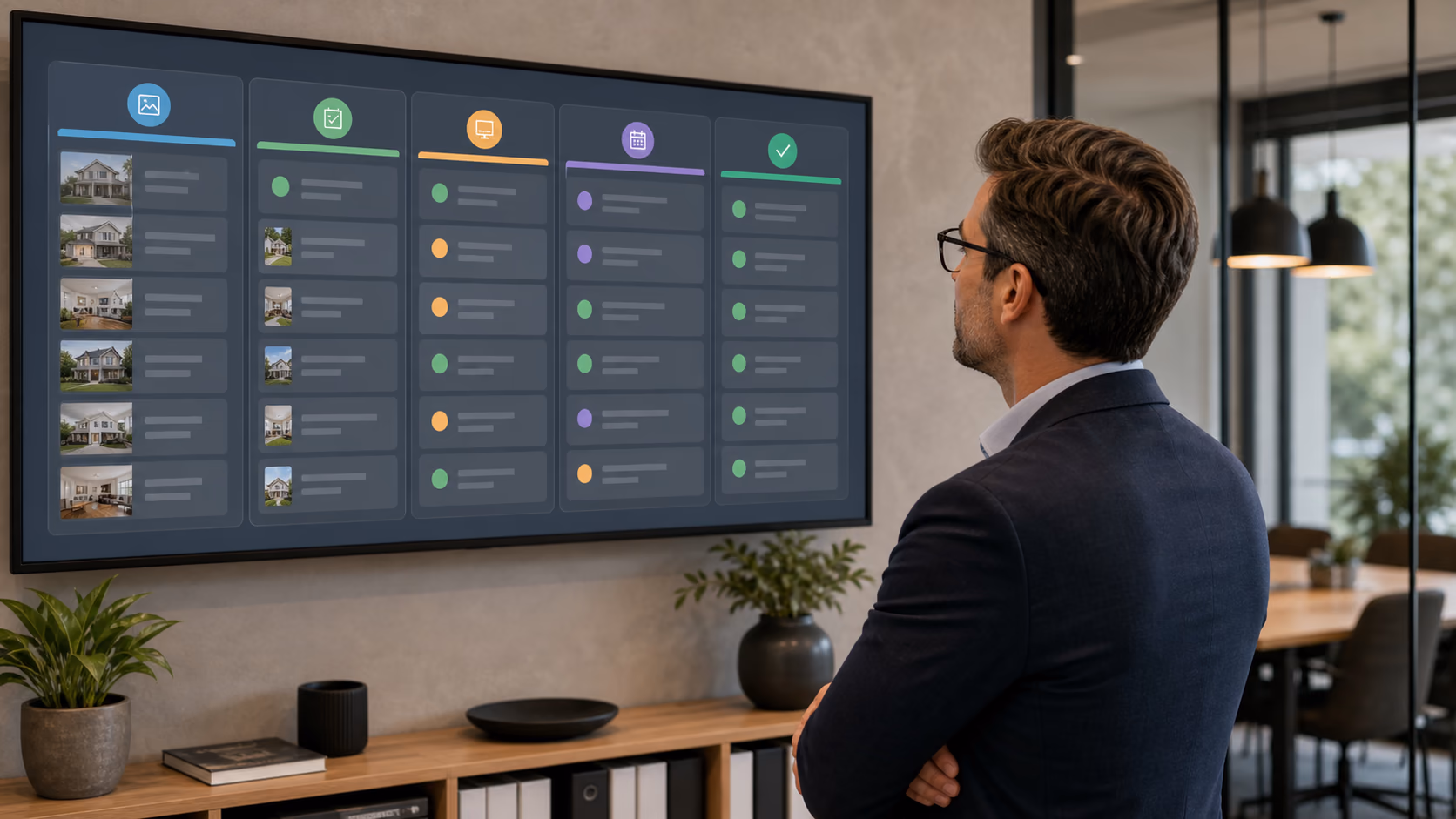 A branch manager looking at a listing readiness board with separate columns for media, approval, portal checks, open homes, and ready to publish