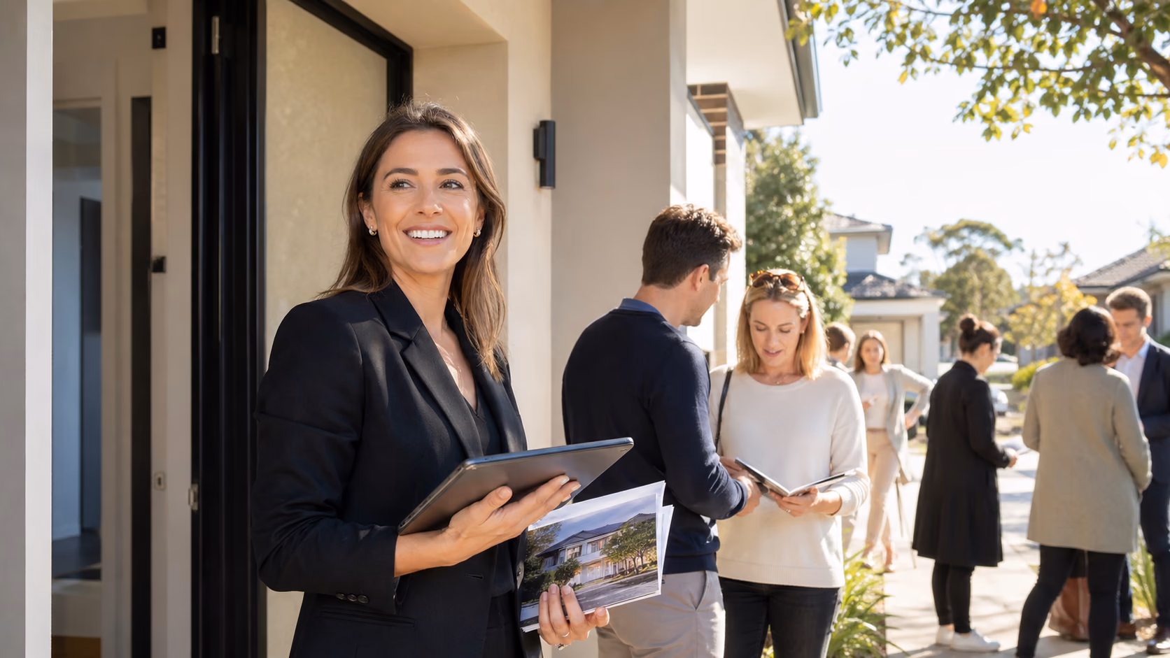 An Australian real estate agent standing at a busy open home entrance with a tablet, buyer notes, and printed property brochures in morning light