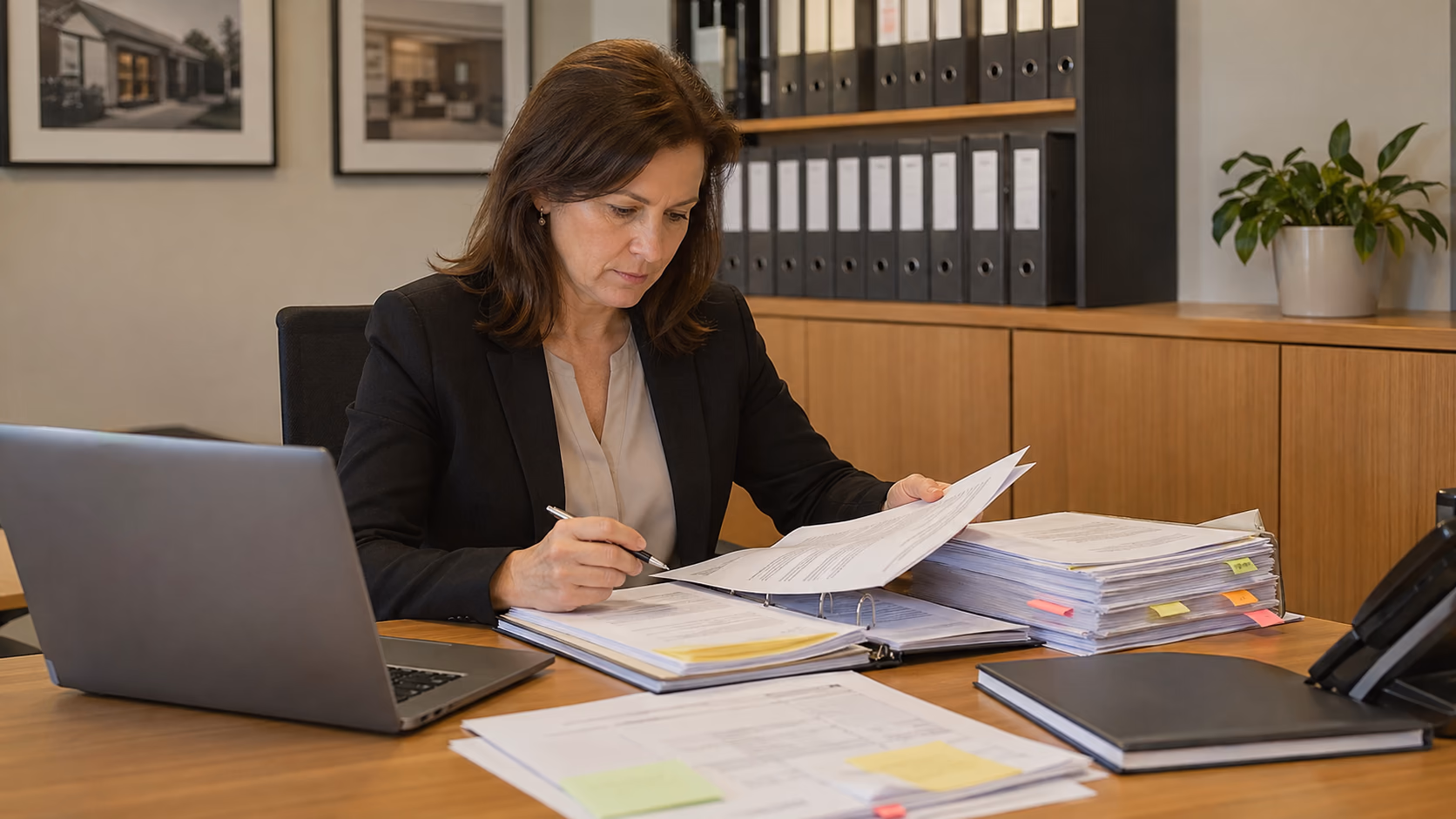 A brokerage administrator reviewing a property sale file with commission split notes, inspection feedback, and finance handoff tasks on a desk