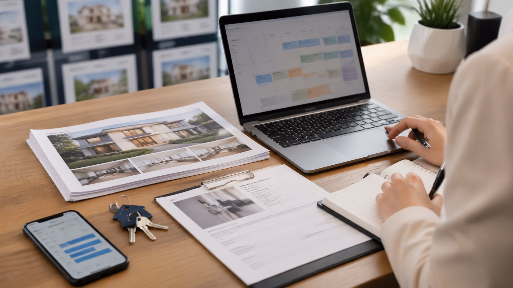 A property viewing appointment being coordinated on a laptop beside house keys, printed access notes, and a smartphone calendar