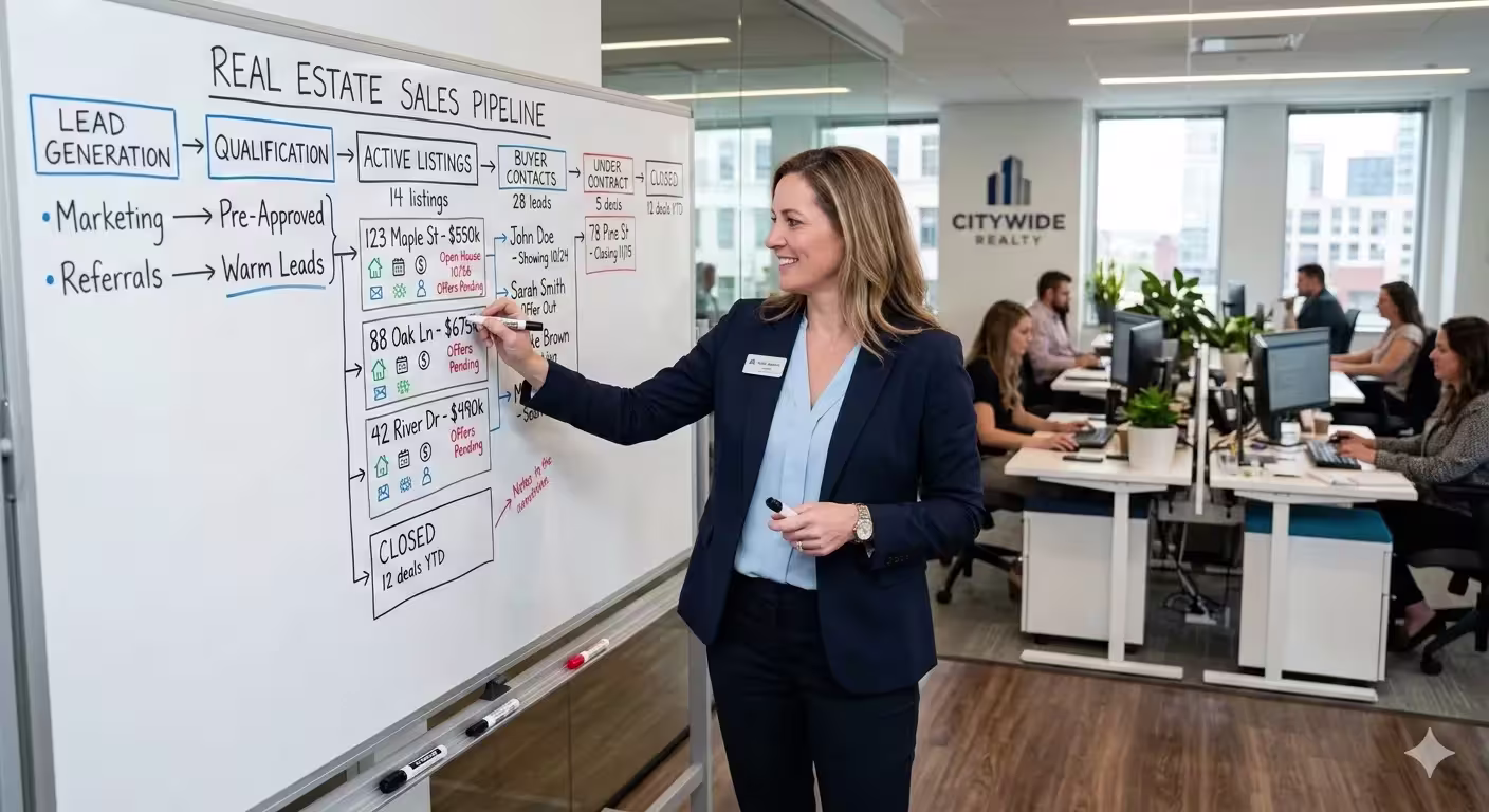 Real estate agent standing at a whiteboard reviewing a structured pipeline diagram of active listings and buyer contacts, professional office environment
