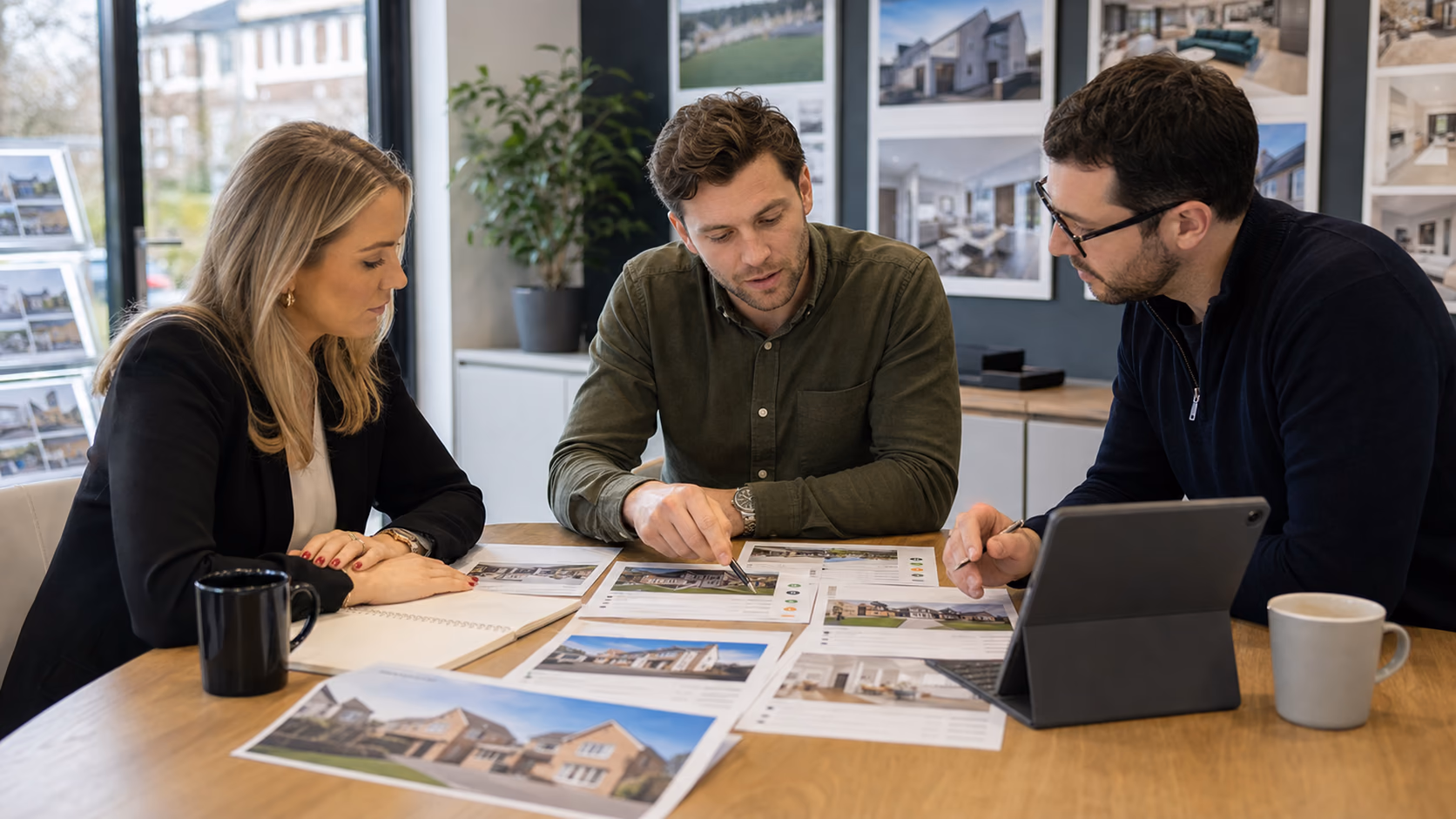 A brokerage team comparing buyer requirement cards against a new property instruction during a morning sales meeting