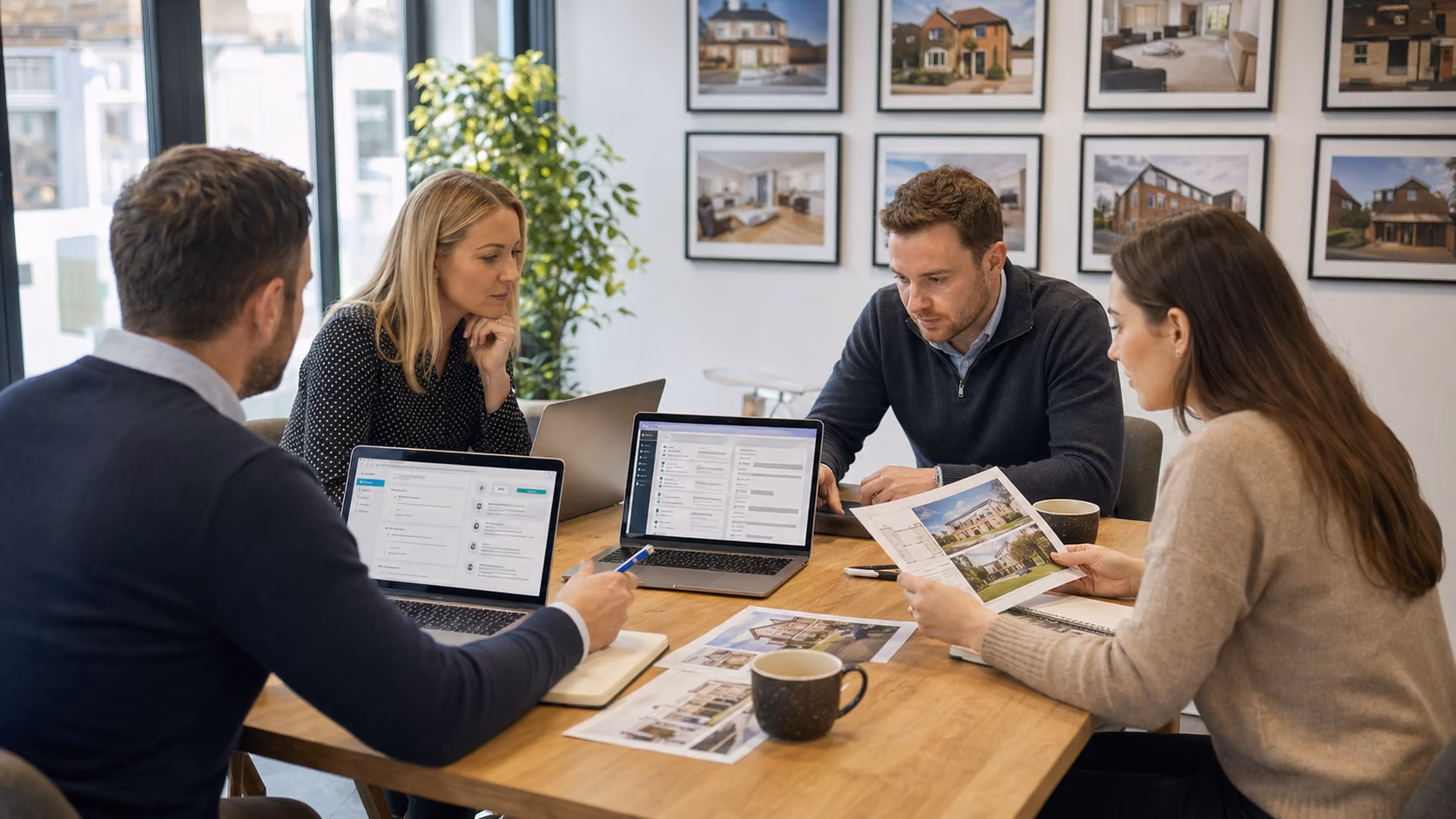 A real estate team reviewing incoming enquiries, viewing notes, and AI-generated summaries around a shared office table
