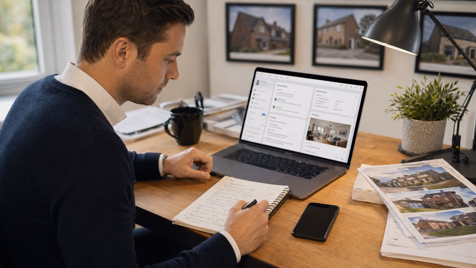 An estate agent preparing a buyer callback with contact notes, viewing feedback, and a handwritten checklist beside a laptop