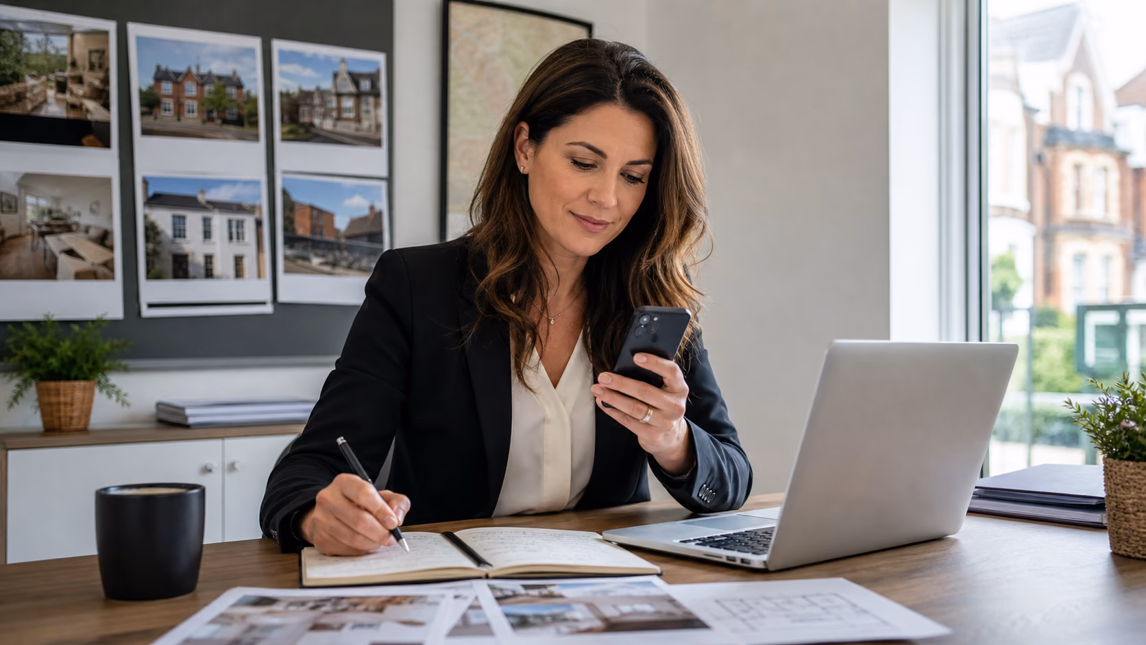 A real estate agent looking at a phone, laptop inbox, and printed viewing notes while preparing a client update at a desk