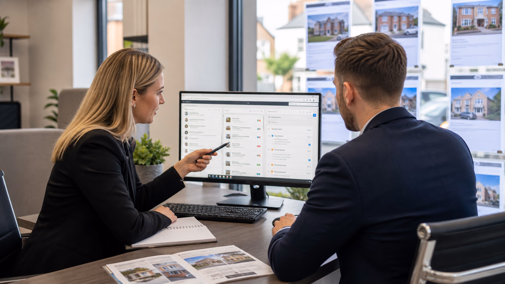 Two estate agents reviewing client messages, viewing feedback, and follow-up tasks together on a shared office screen