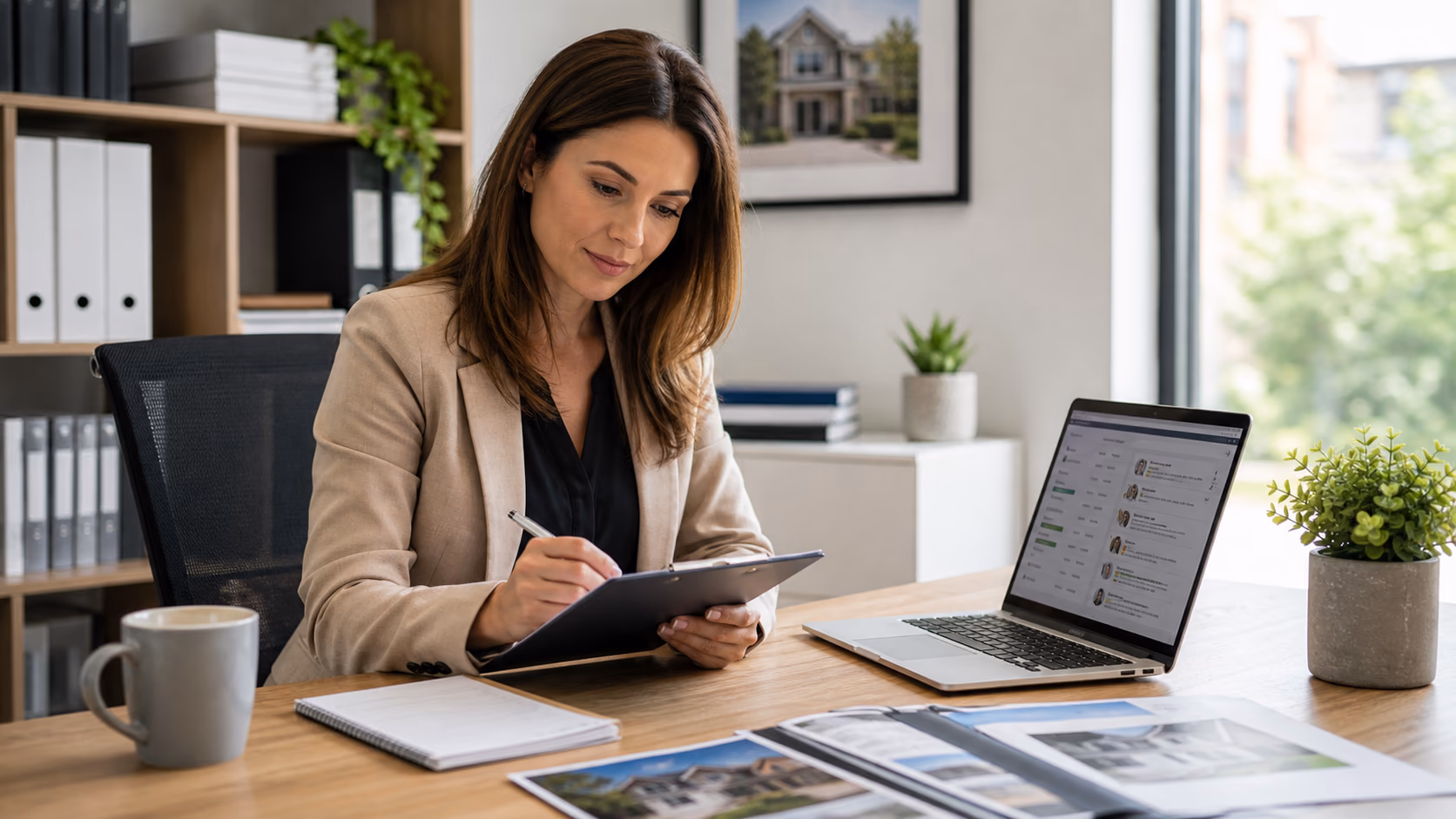 A property manager checking a landlord update checklist beside a laptop with organized client records in a bright office