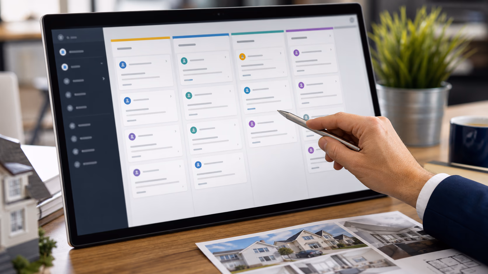 A close-up of a real estate team workflow board showing new client intake states, next actions, and assigned owners