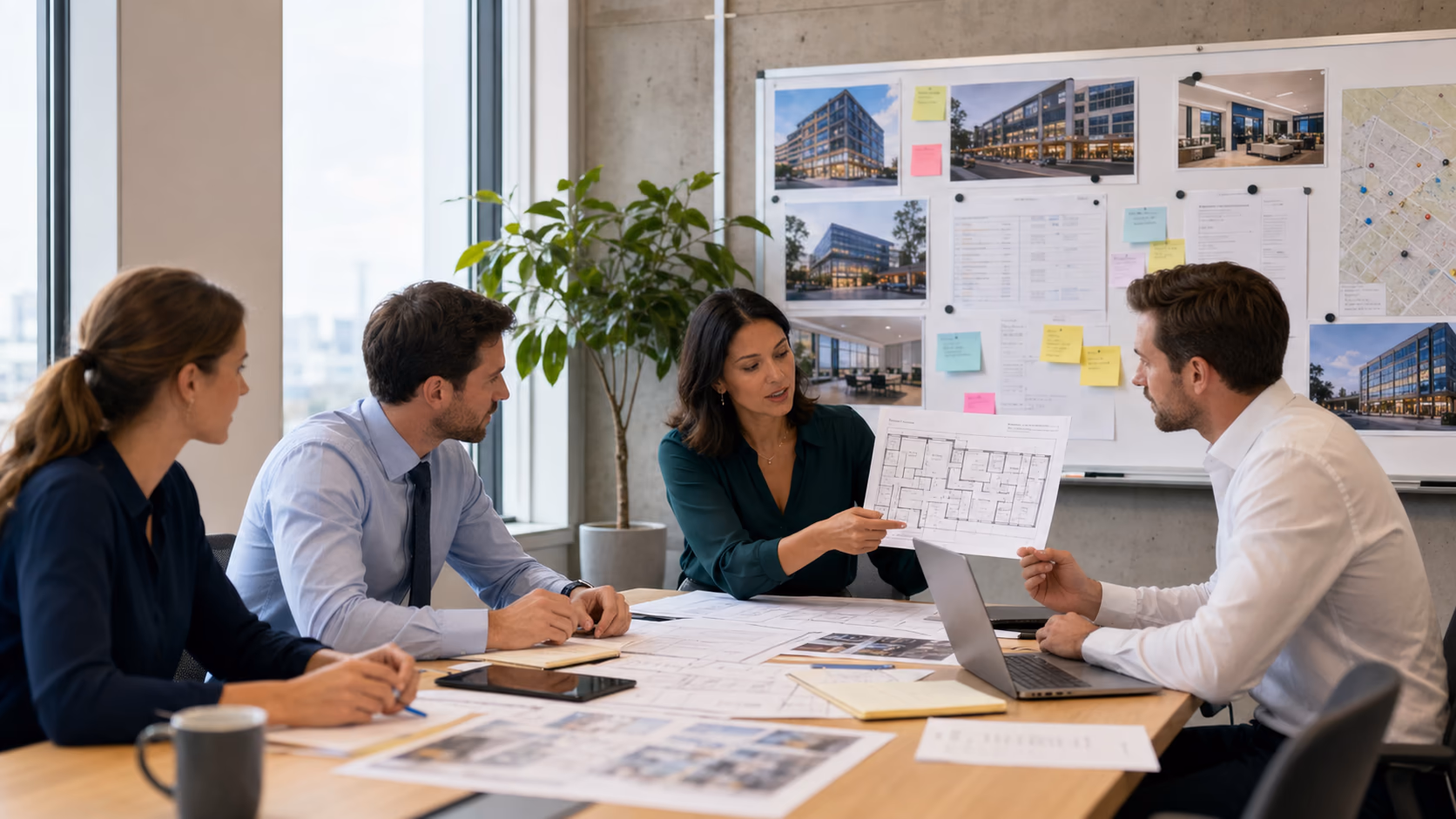 A commercial property brokerage team reviewing floor plans, lease notes, and a shared pursuit board in a modern meeting room