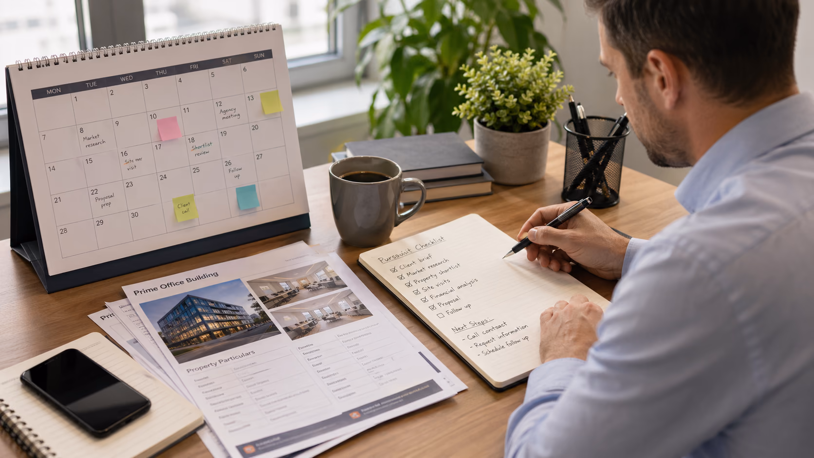 A commercial broker looking at a calendar and pursuit checklist while preparing follow-up notes beside printed property particulars