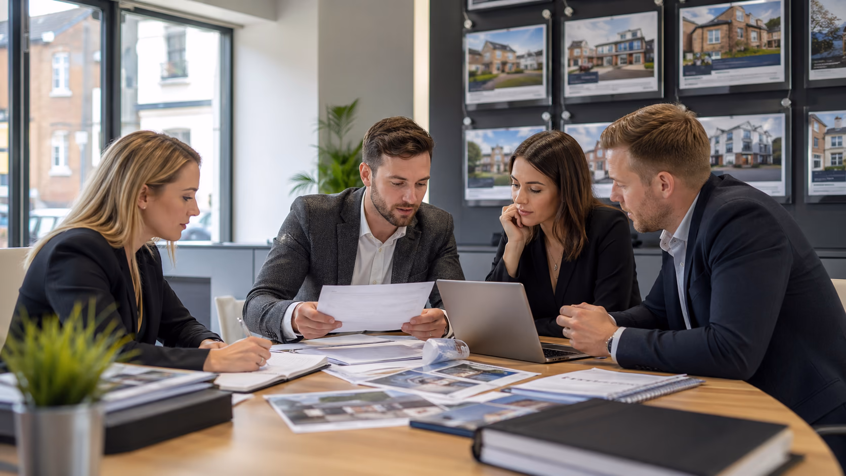 A real estate team gathered around a meeting table reviewing printed notes, laptops, and property folders in a busy office