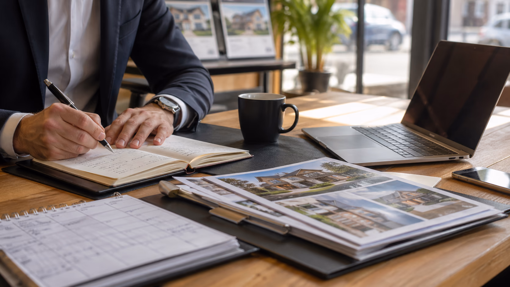 A close view of an agent's desk with client notes, a calendar, property brochures, and a laptop showing an organised contact workflow