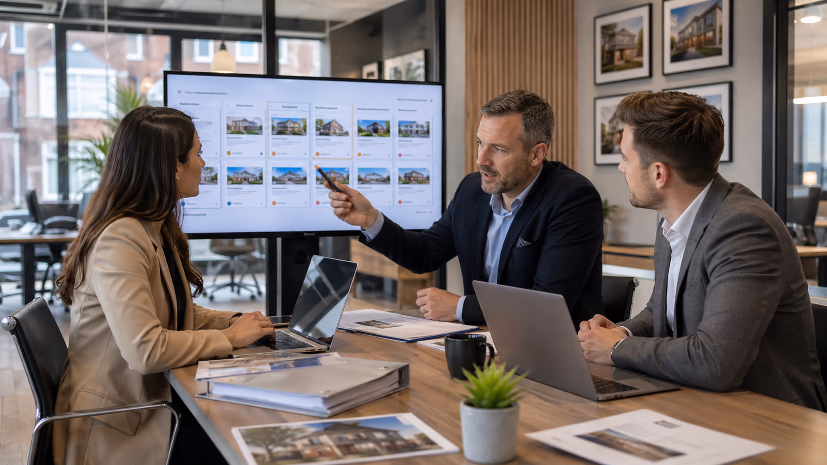 A brokerage manager reviewing a shared pipeline board with two agents in a calm modern office, laptops open and property files nearby