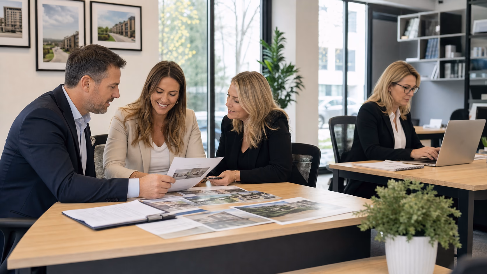 A real estate sales team reviewing an accepted offer while an accounts colleague checks commission notes on a laptop in a modern office