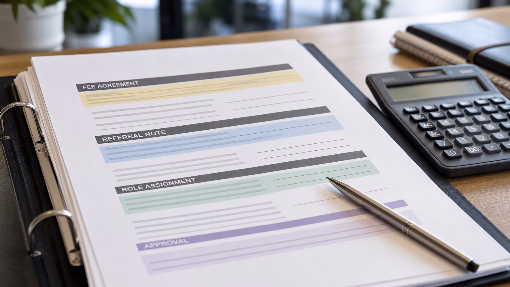 A close view of a property transaction file with highlighted fee agreement, referral note, role assignment, and approval fields beside a calculator