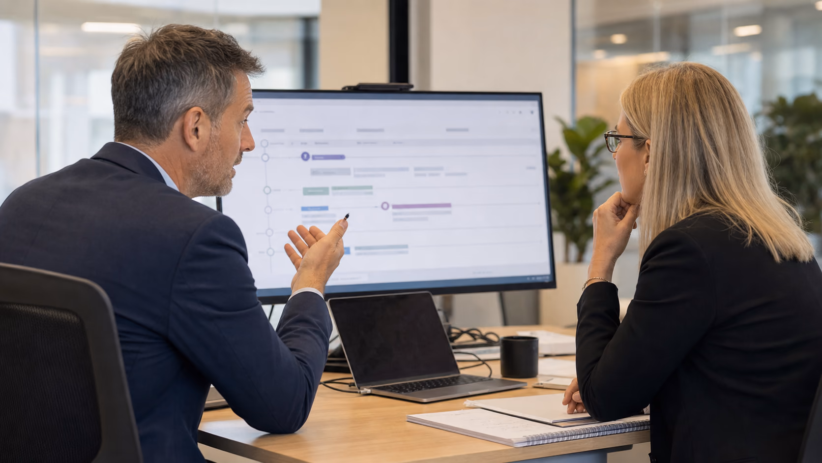 A branch manager and accounts lead reviewing a deal timeline on a shared screen before approving a commission exception