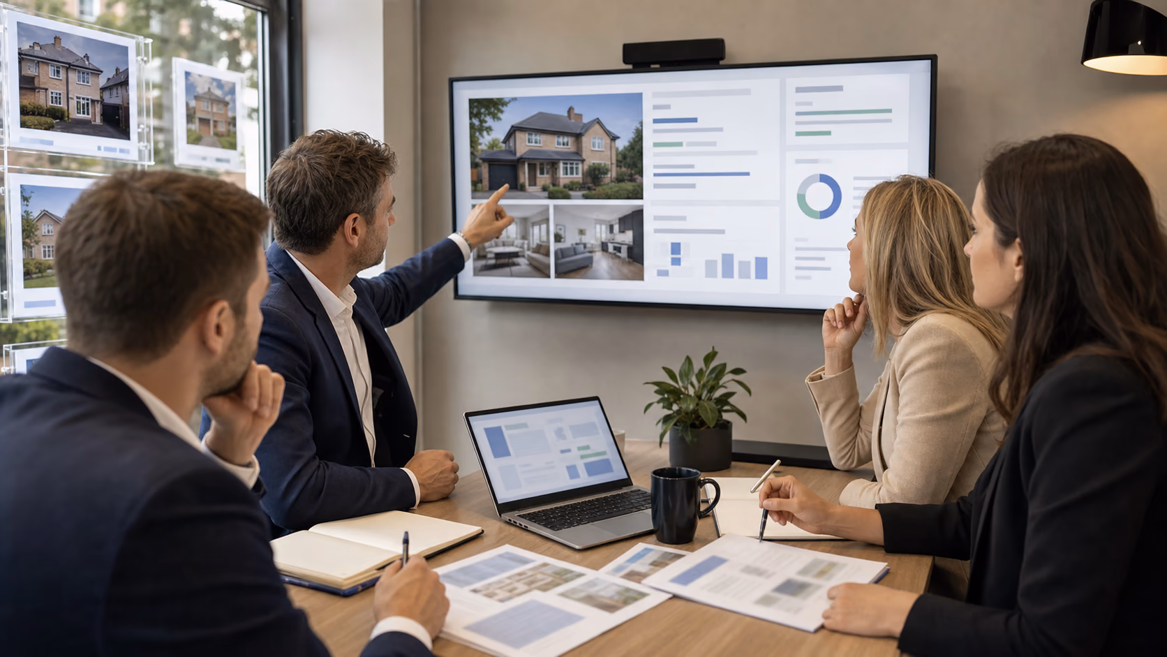 An estate agency team discussing a serious buyer response after a viewing, with property details and next steps open on a shared screen