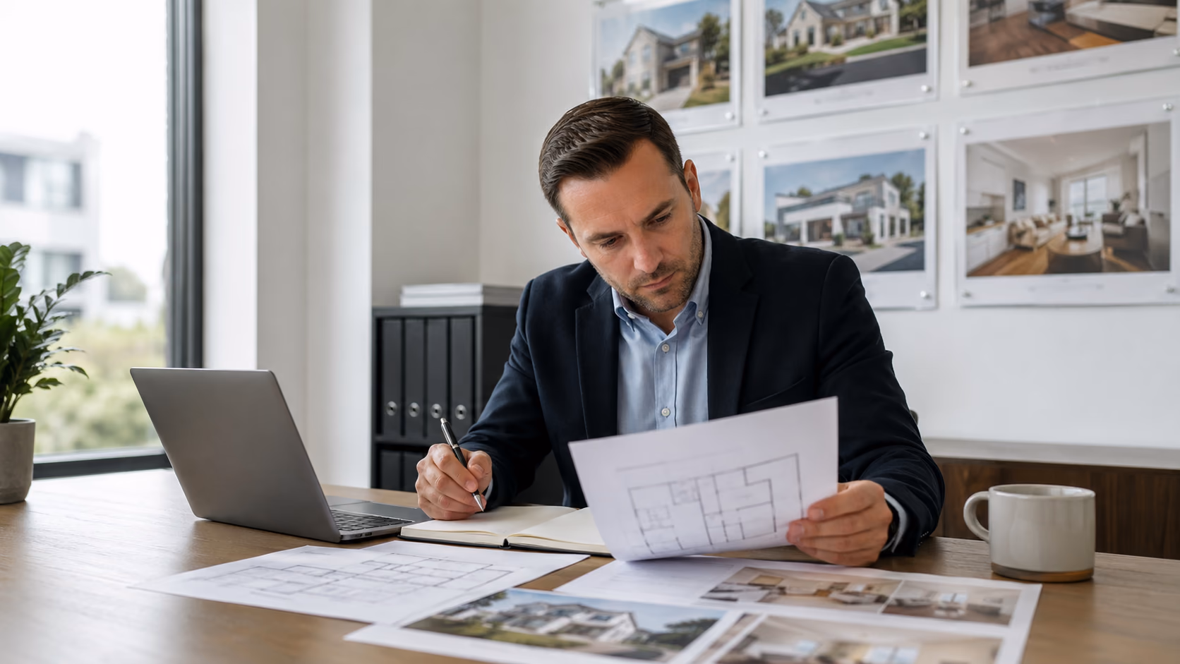 A real estate agent comparing property notes, floorplans, and listing photos before drafting a property description at a tidy office desk