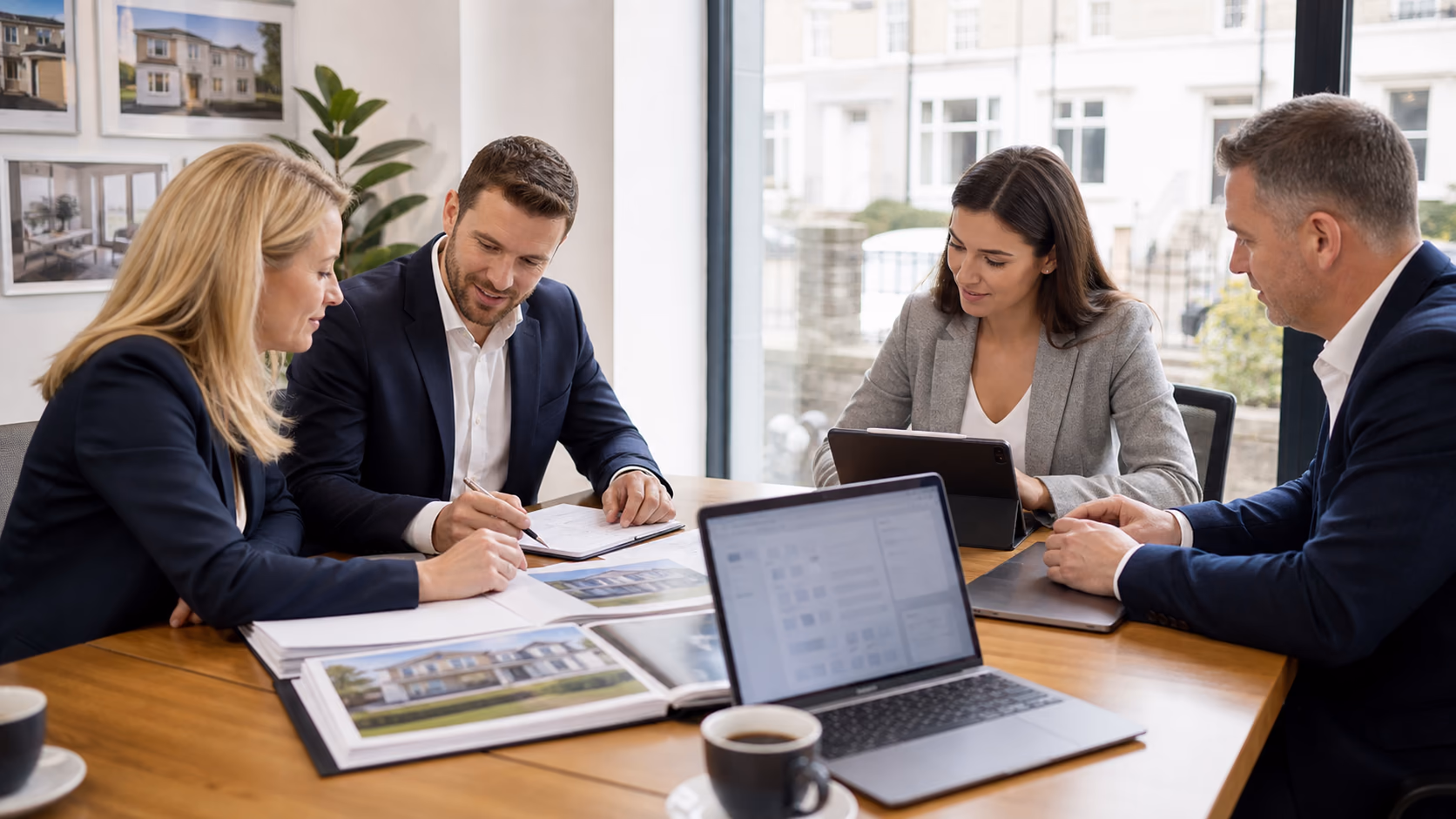 An Irish estate agency team reviewing property files, viewing notes, and listing details around a meeting table in a bright office