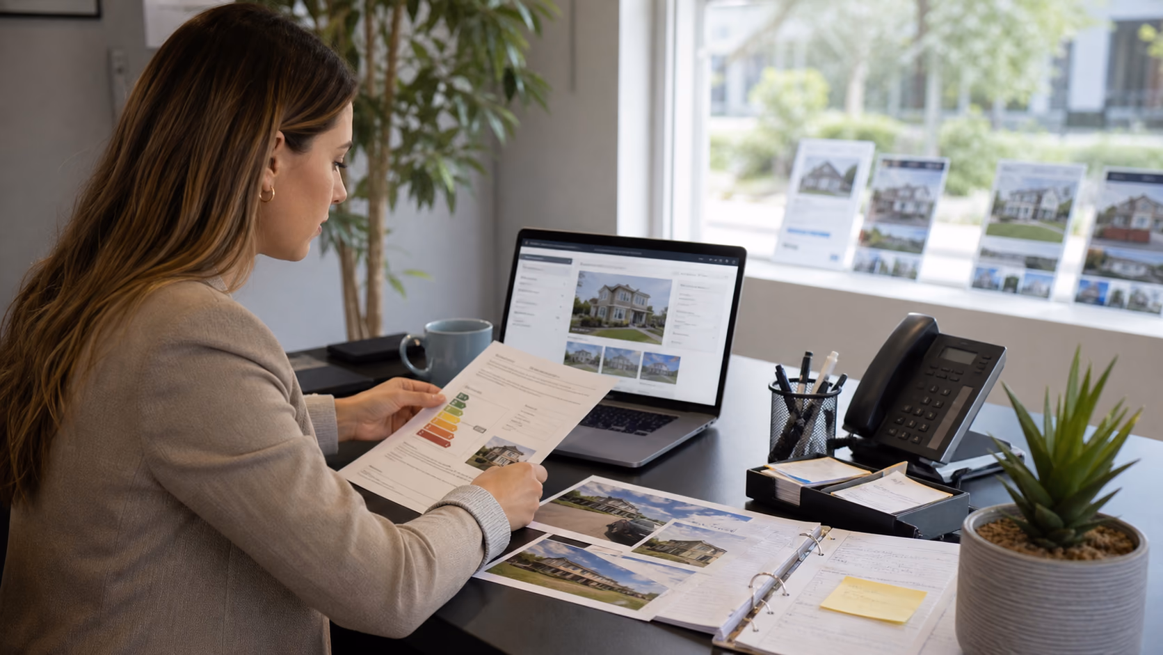 An Irish estate agency administrator reviewing BER details, PSRA licence information, property photos, and vendor approval notes before uploading a listing online
