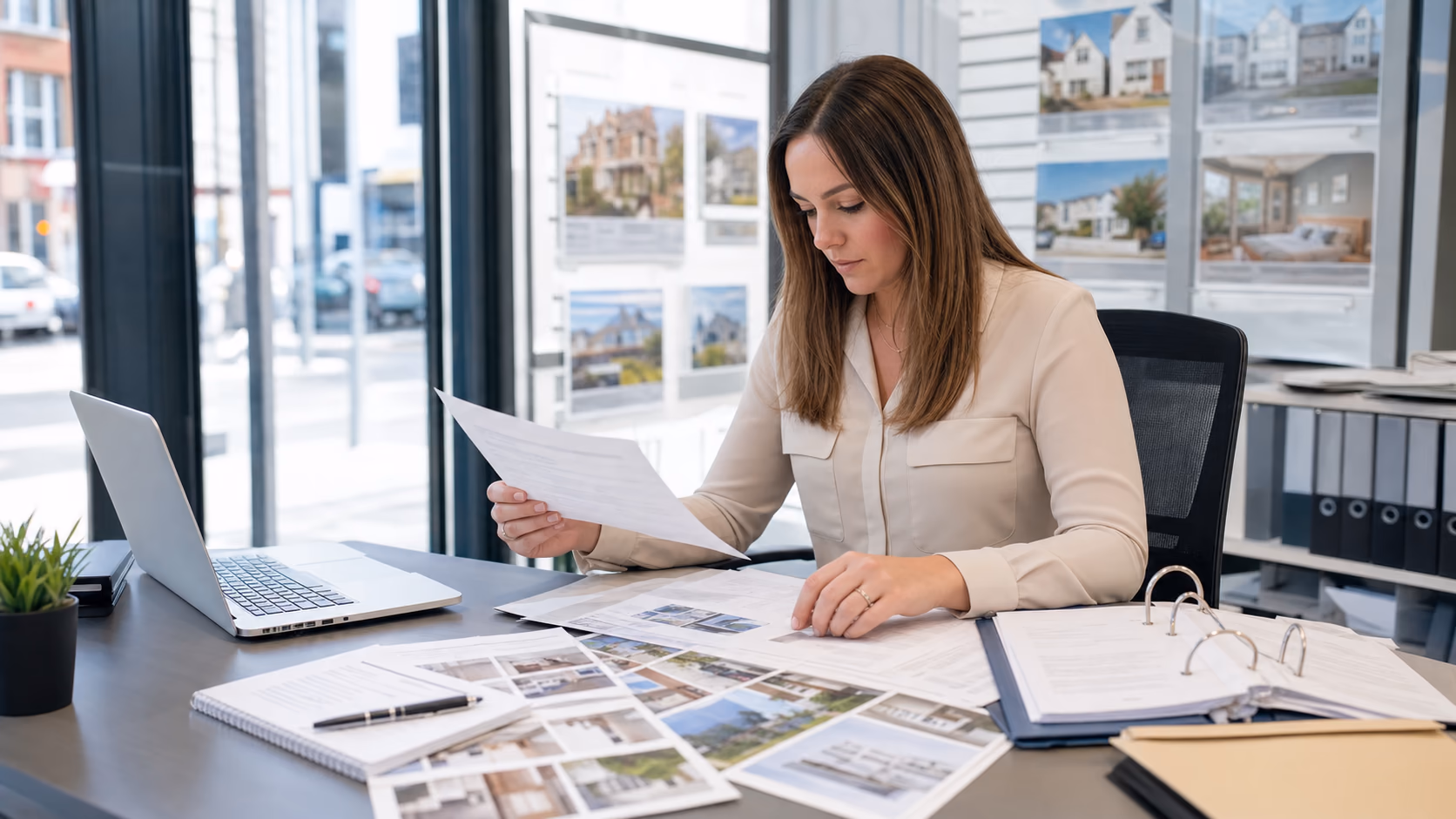 An estate agency administrator reviewing valuation notes, property photos, and seller approval documents on a desk before preparing a listing record
