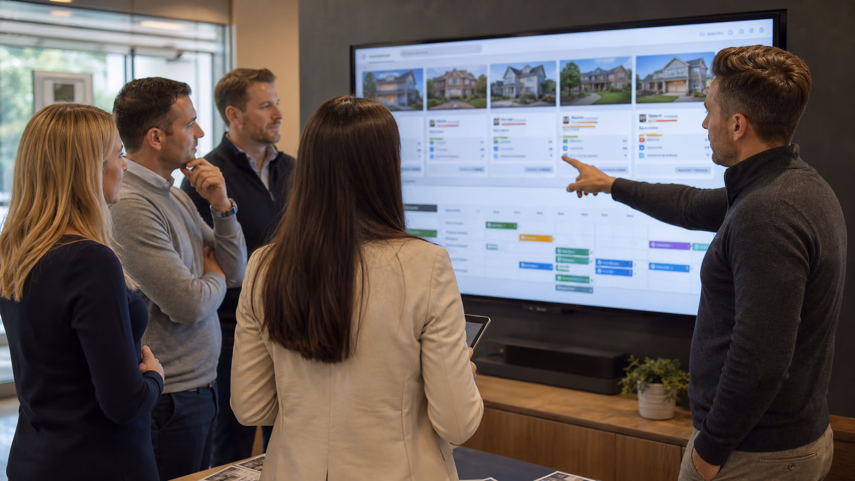 A branch team standing around a wall screen that shows property status cards, viewing appointments, and offer notes during a morning listing review