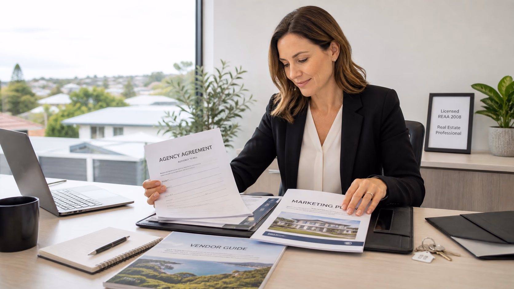 A licensed real estate professional in New Zealand organising an agency agreement, vendor guide, and marketing plan documents beside a laptop, clean office setting