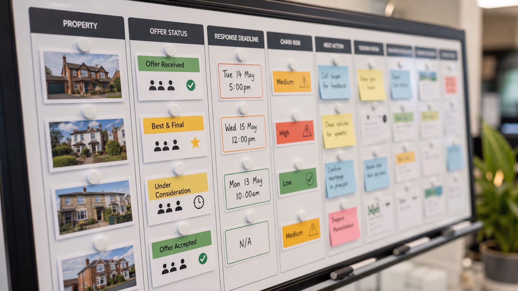 A close-up of a sales progress board showing offer status cards, response deadlines, and chain-risk notes for several properties