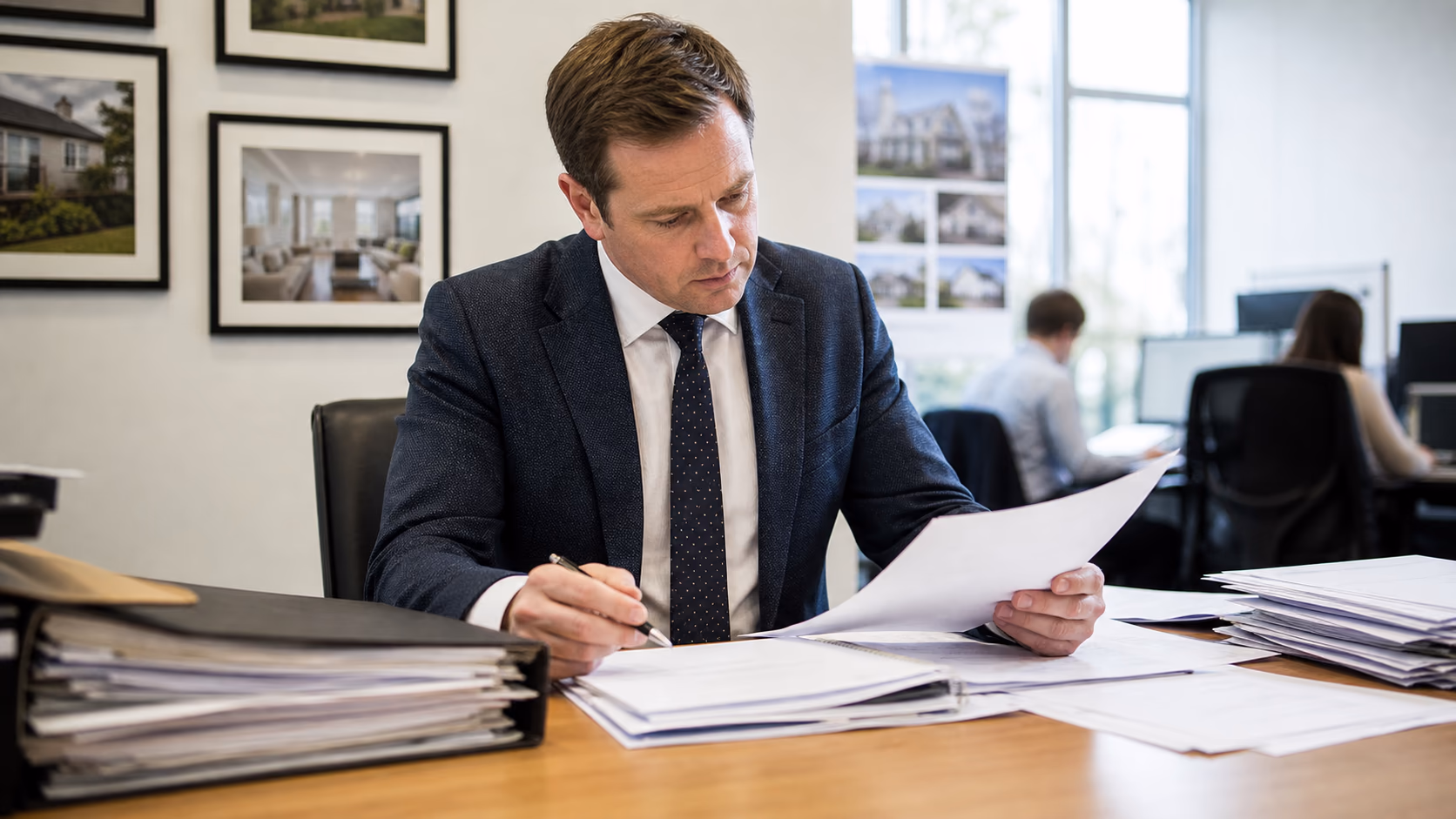 An Irish auctioneer reviewing client files, signed authority documents, and property notes on a desk in a busy agency office