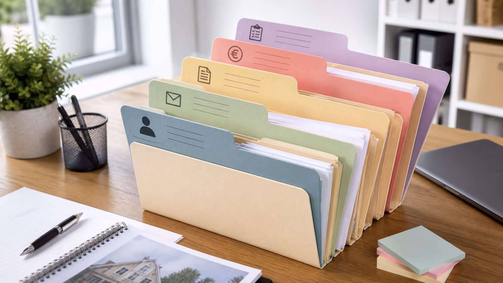 A property file with labelled sections for client authority, correspondence, documents, money records, and review status on a clean office table