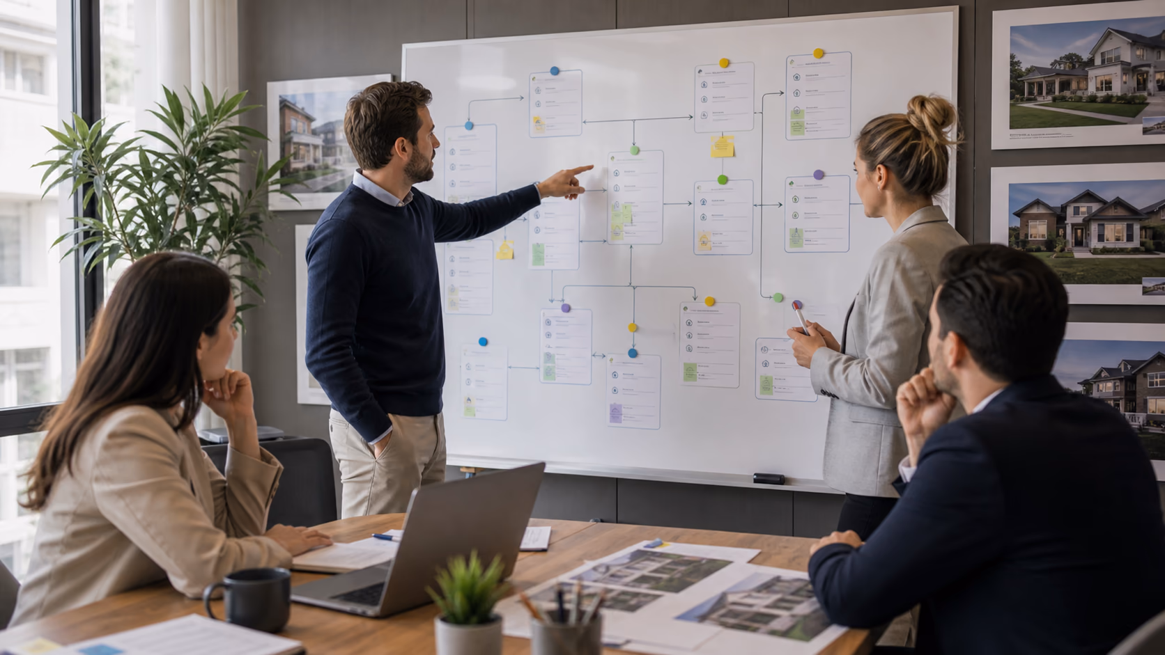 A brokerage team reviewing a workflow board that connects client enquiries, viewing feedback, offers, and assigned next actions