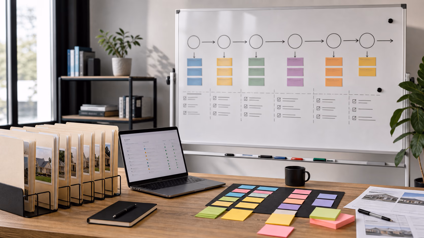 A clean office whiteboard showing a workflow-first database checklist beside property folders, a laptop, and colour-coded task cards