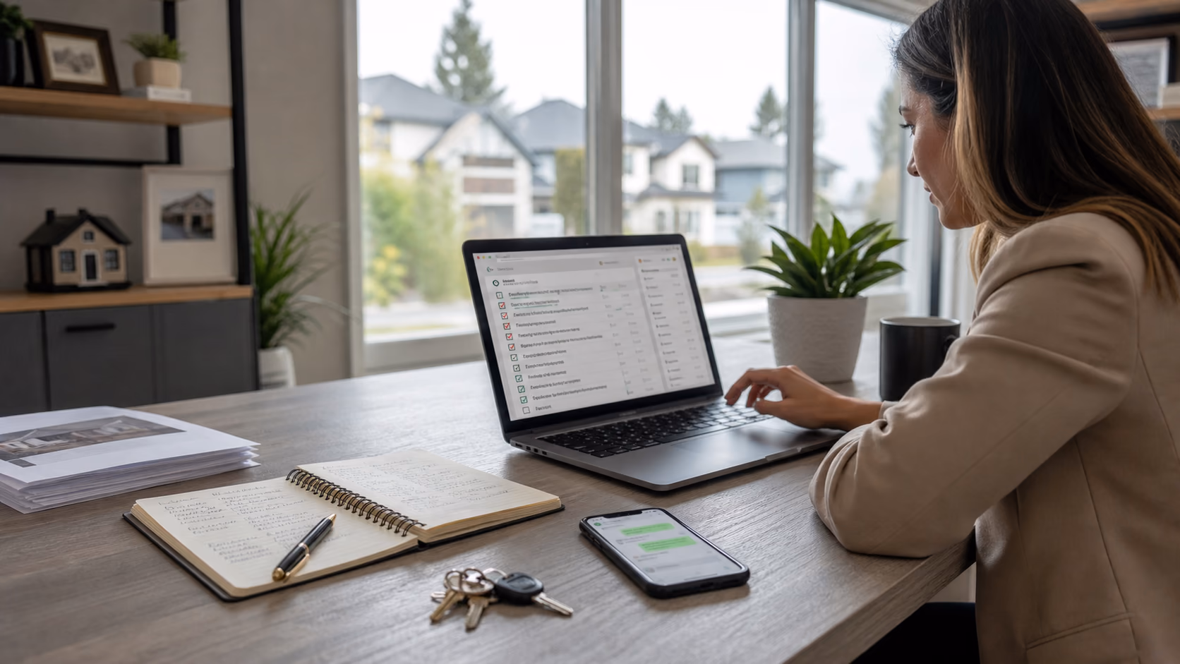 A real estate agent reviewing a busy task list on a laptop beside viewing notes, property keys, and a phone with client messages visible