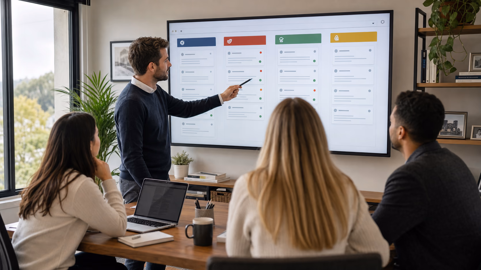 A team leader reviewing a shared real estate task board with columns for client promises, deal risks, viewing follow-up, and admin hygiene