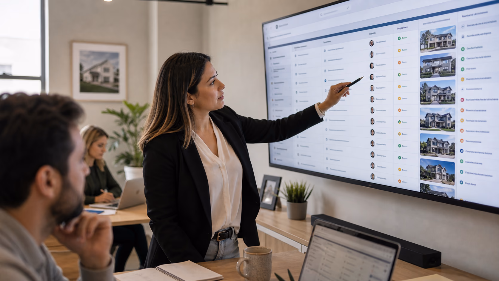 A real estate operations manager marking task records with owners, deadlines, risk levels, and linked property records on a shared screen