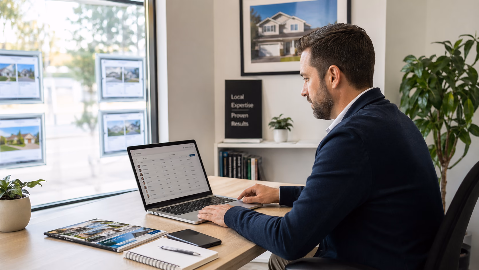 A solo real estate agent at a small office desk reviewing a focused client list on a laptop, with a phone, notebook, and property brochure nearby