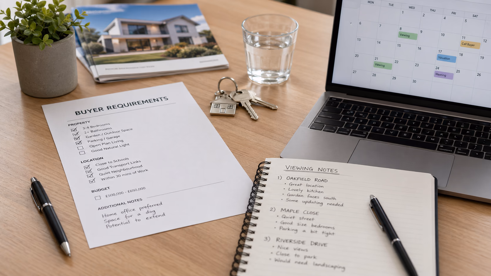 A tidy real estate workspace showing a printed buyer requirements checklist beside keys, viewing notes, and a laptop calendar