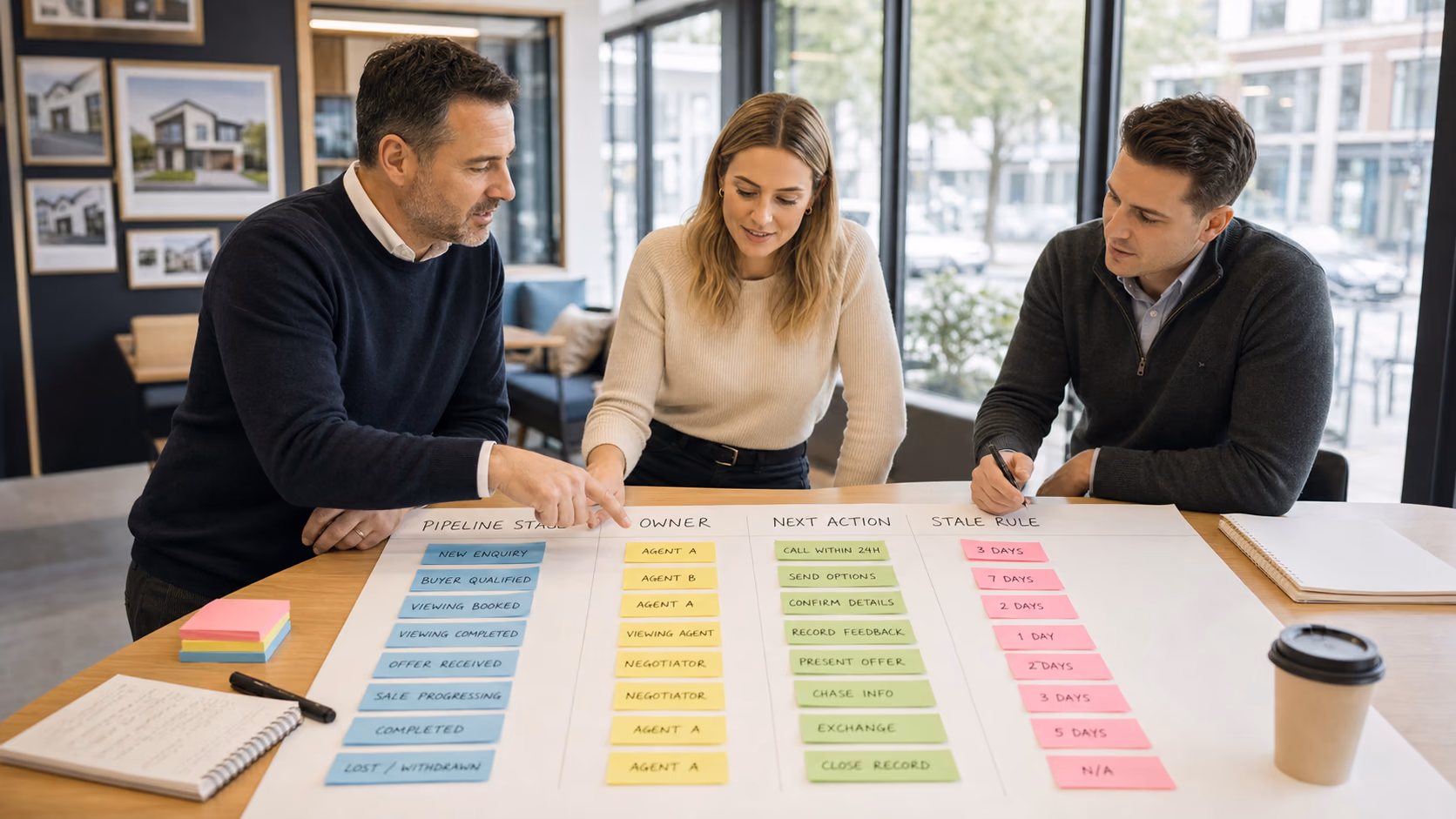 A real estate manager and two agents looking at sticky notes labelled with pipeline stages, owner, next action, and stale rule