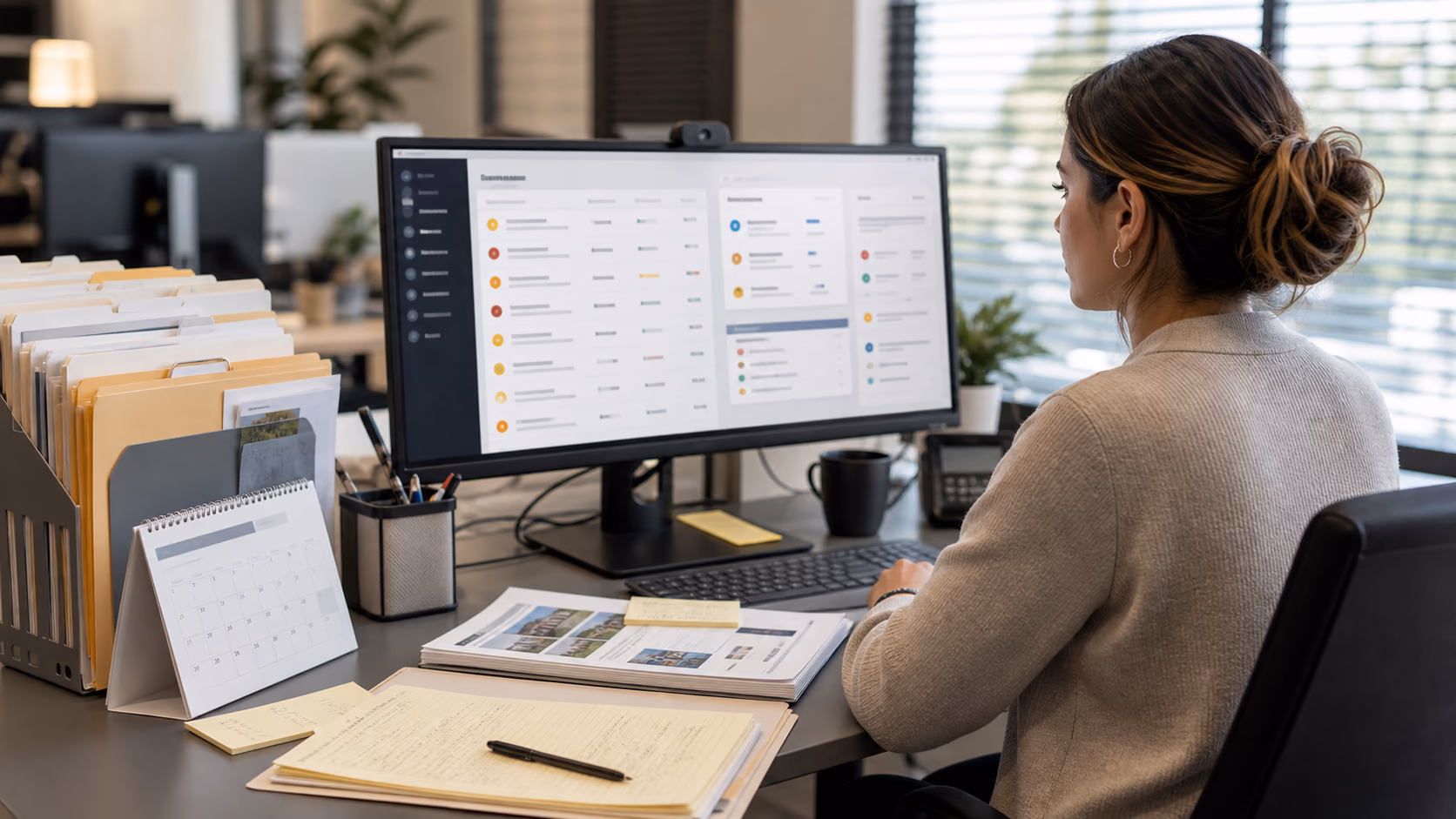 A transaction coordinator comparing a short exception queue with linked property files, contract dates, client messages, and document status notes on a workstation
