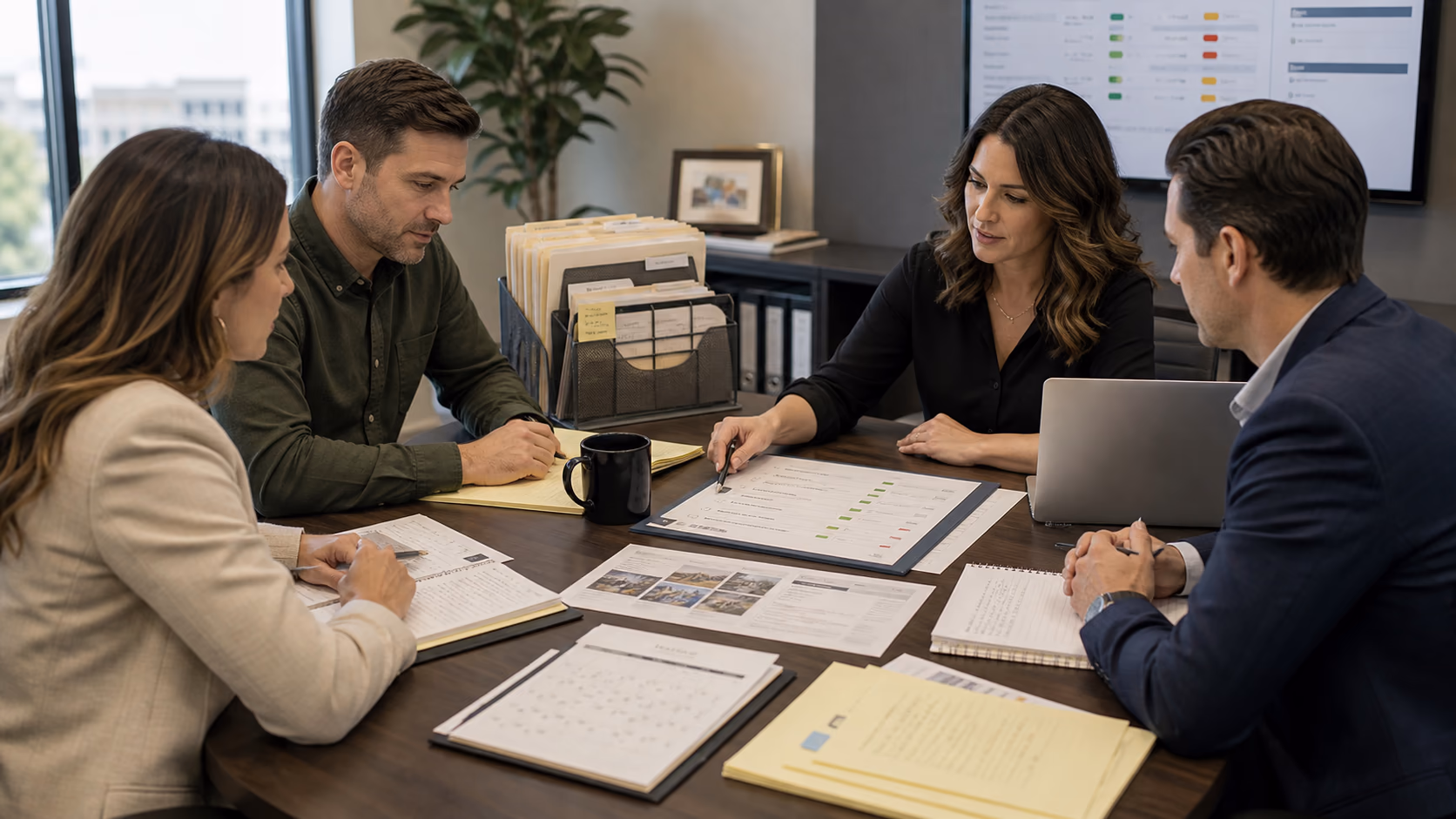 A real estate brokerage team reviewing a concise handoff audit checklist on a conference table with property files, calendars, and document status notes visible