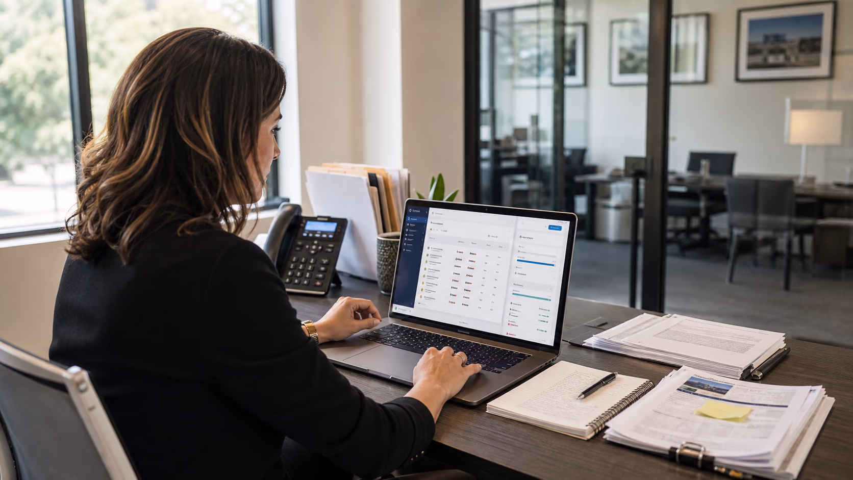 A brokerage operations manager reviewing a live property transaction record with milestone dates, document notes, and commission context on a laptop beside printed deal paperwork