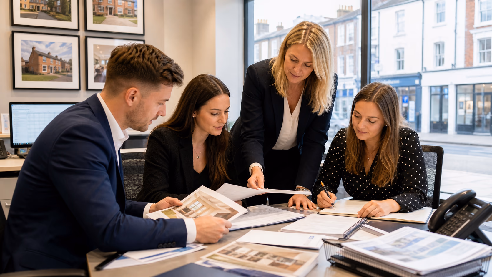 A UK estate agency branch team reviewing sales instructions, lettings paperwork, viewing notes, and property files around a shared office desk